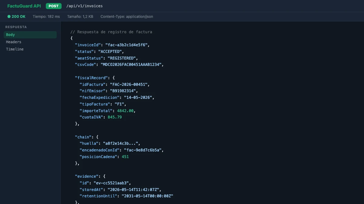 Respuesta de la API de FactuGuard con identificador de factura, estado y metadatos de cumplimiento